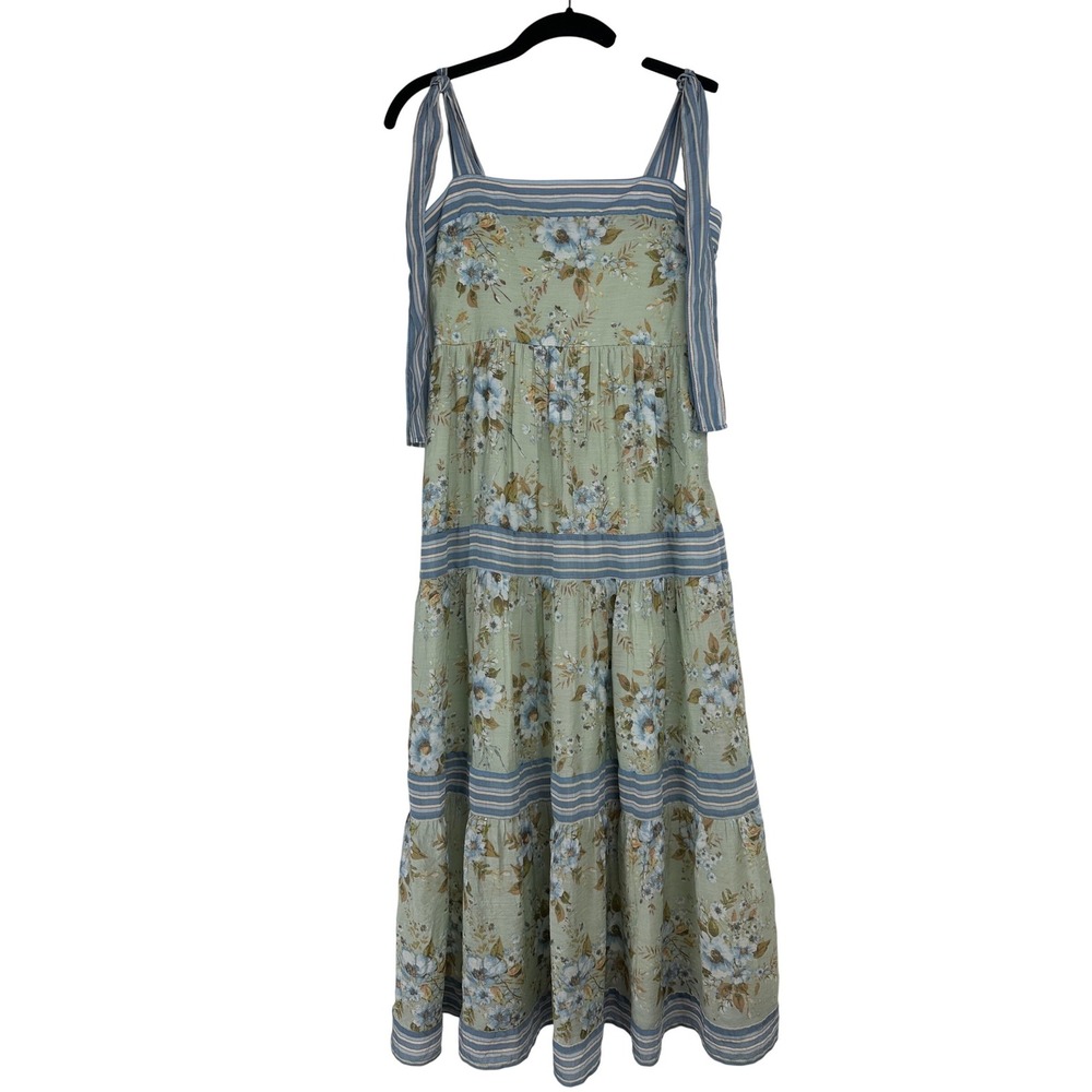 Blu Pepper Sage Green Floral Tiered Midi Dress Boho Cottagecore Tie Strap Small